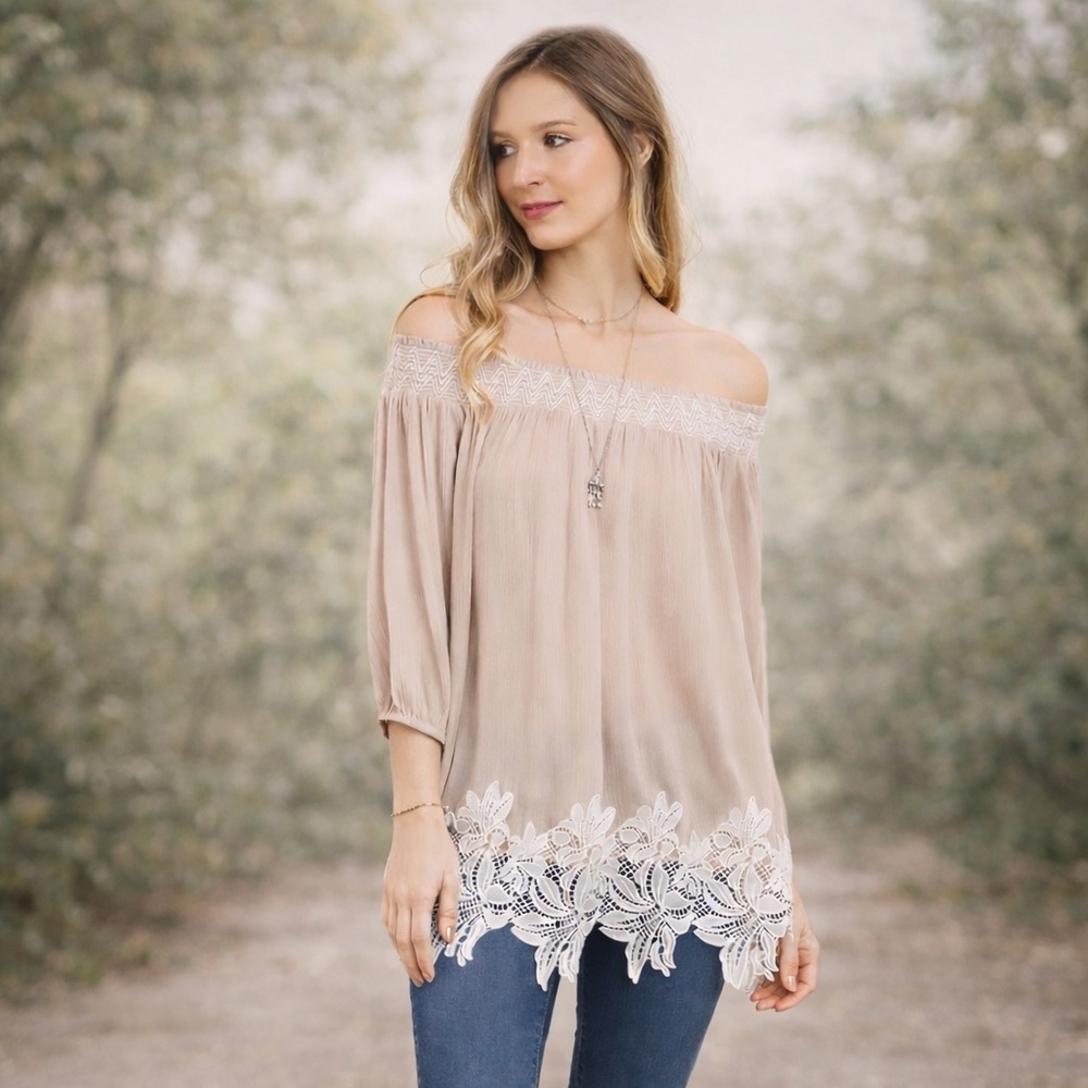 Kori America Off the Shoulder Women’s Mocha Top Lace Trim Size S, M, L NWT
